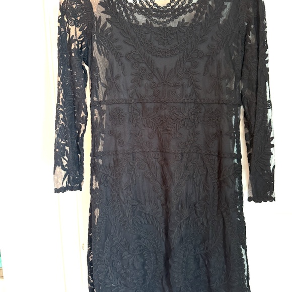 EXPRESS BAROQUE EMBROIDERED LACE overlay Boho BLACK DRESS 3/4 SLEEVE SIZE medium - Picture 3 of 3